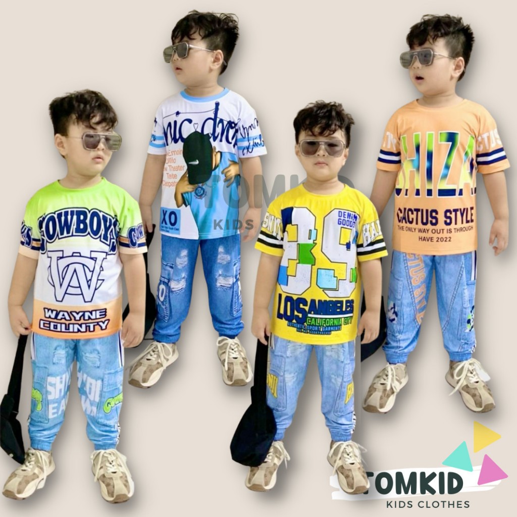 Bộ tay ngắn quần dài bé trai, đồ bộ cho bé chất thun lạnh giả jean 15-42KG TomKids