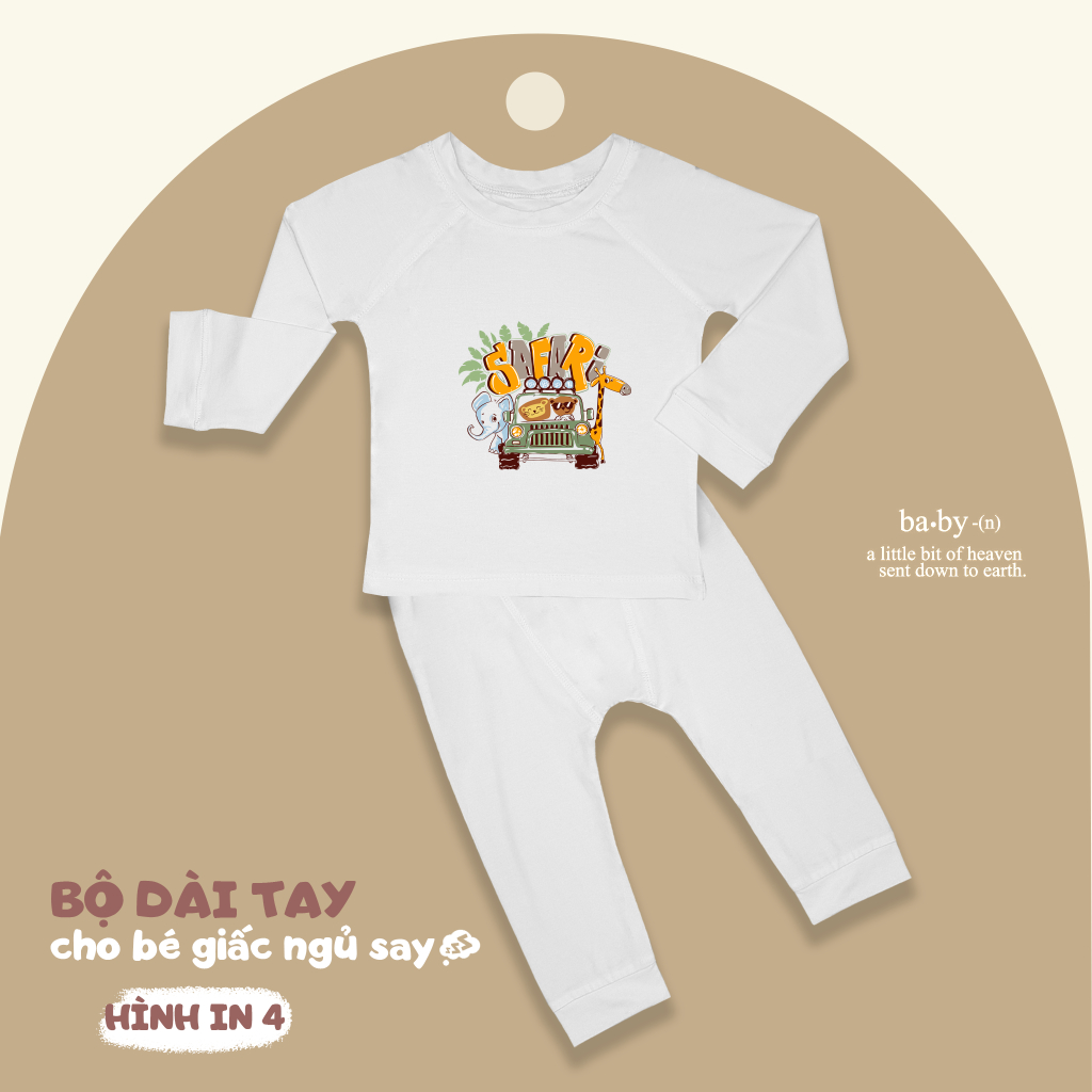 Bộ quần áo dài tay cổ tròn với hình in đáng yêu chất vải pettit cho bé