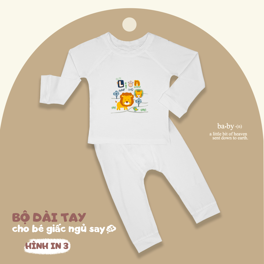 Bộ quần áo dài tay cổ tròn với hình in đáng yêu chất vải pettit cho bé
