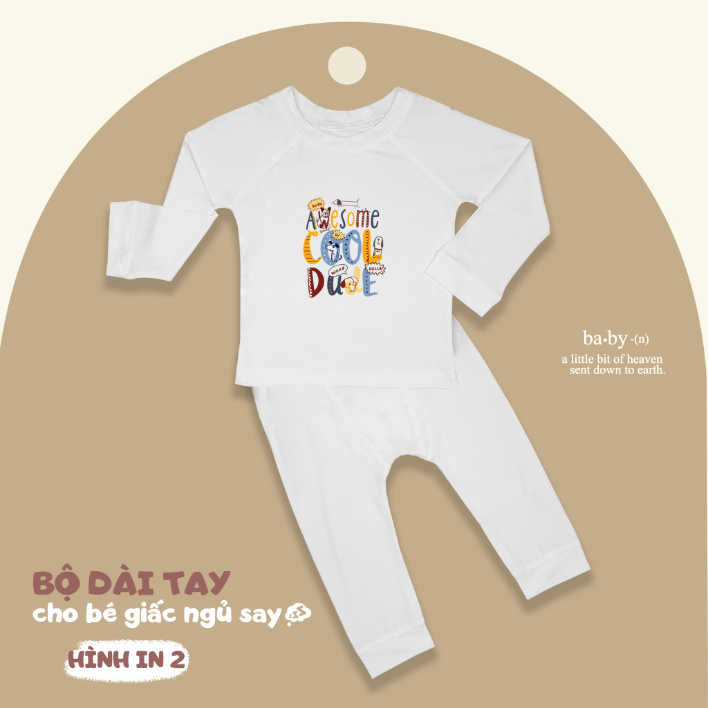 Bộ quần áo dài tay cổ tròn với hình in đáng yêu chất vải pettit cho bé