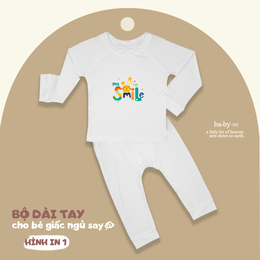 Bộ quần áo dài tay cổ tròn với hình in đáng yêu chất vải pettit cho bé