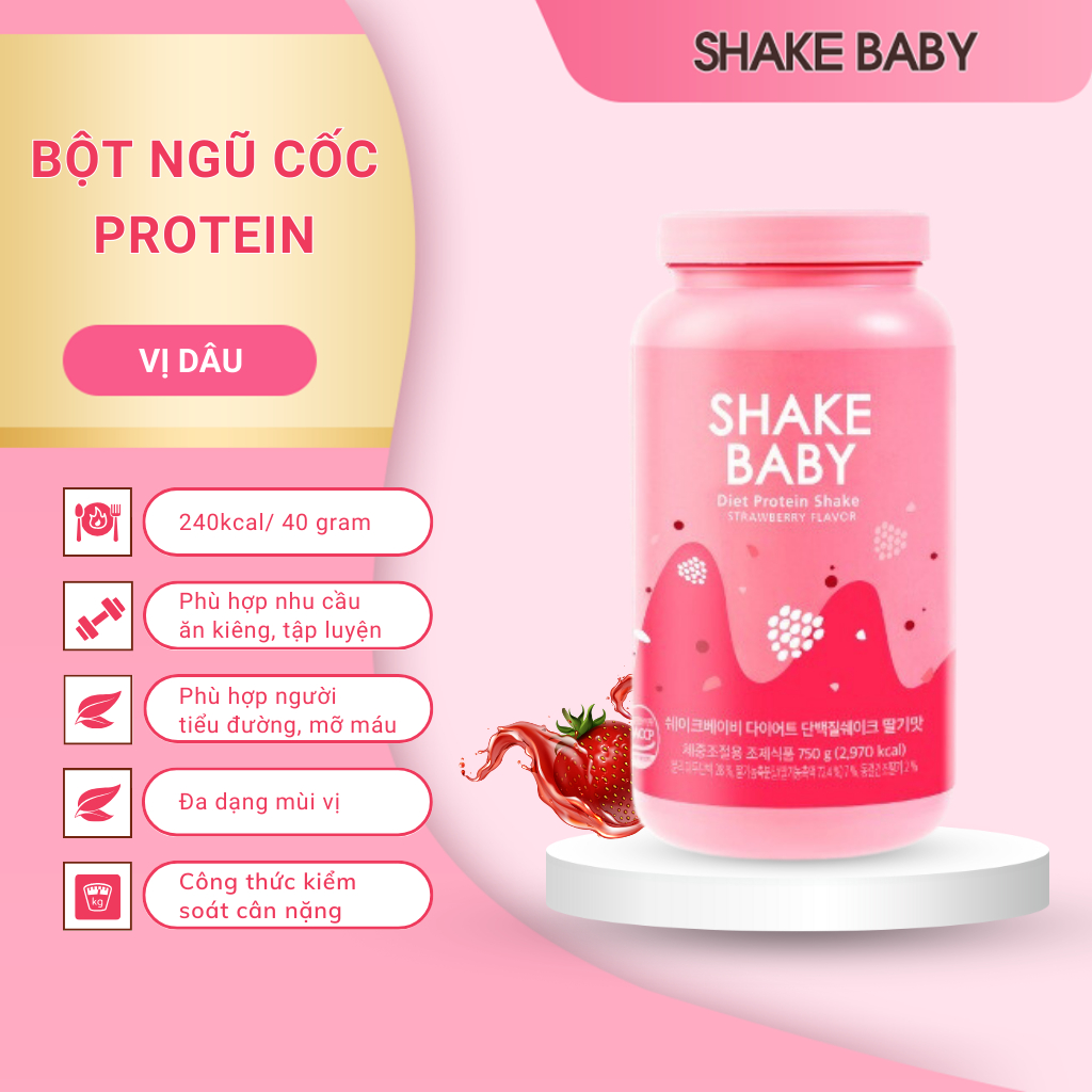 [CHÍNH HÃNG] Bột Ngũ Cốc Ăn Kiêng SHAKE BABY Diet Formular Protein Vị Dâu Hỗ Trợ Giảm Cân 750g