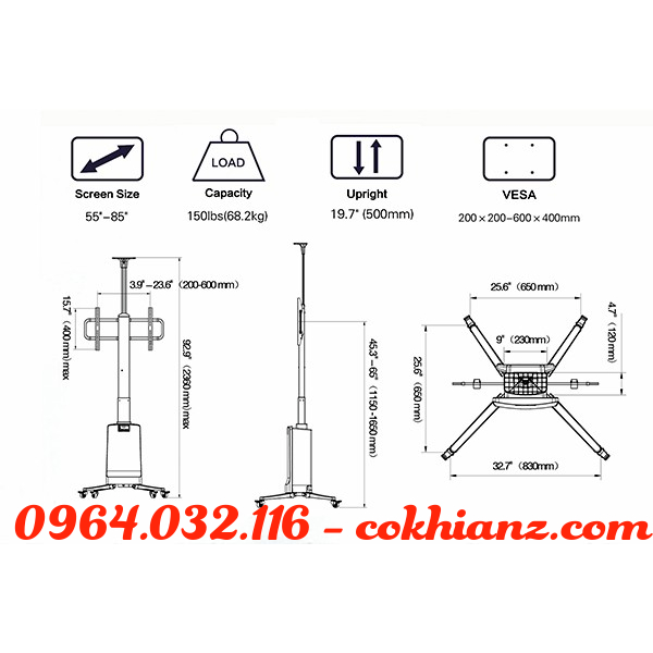 KHUNG TREO TIVI DI ĐỘNG NB TW85  - Nâng Hạ Tự Động hàng cao cấp
