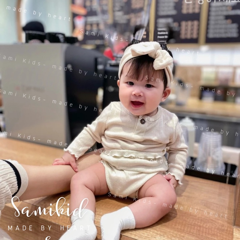 Bộ dài tay quần nhún bèo kèm turban cho bé cotton thông hơi Hàn 3-13kg SAMIKIDS