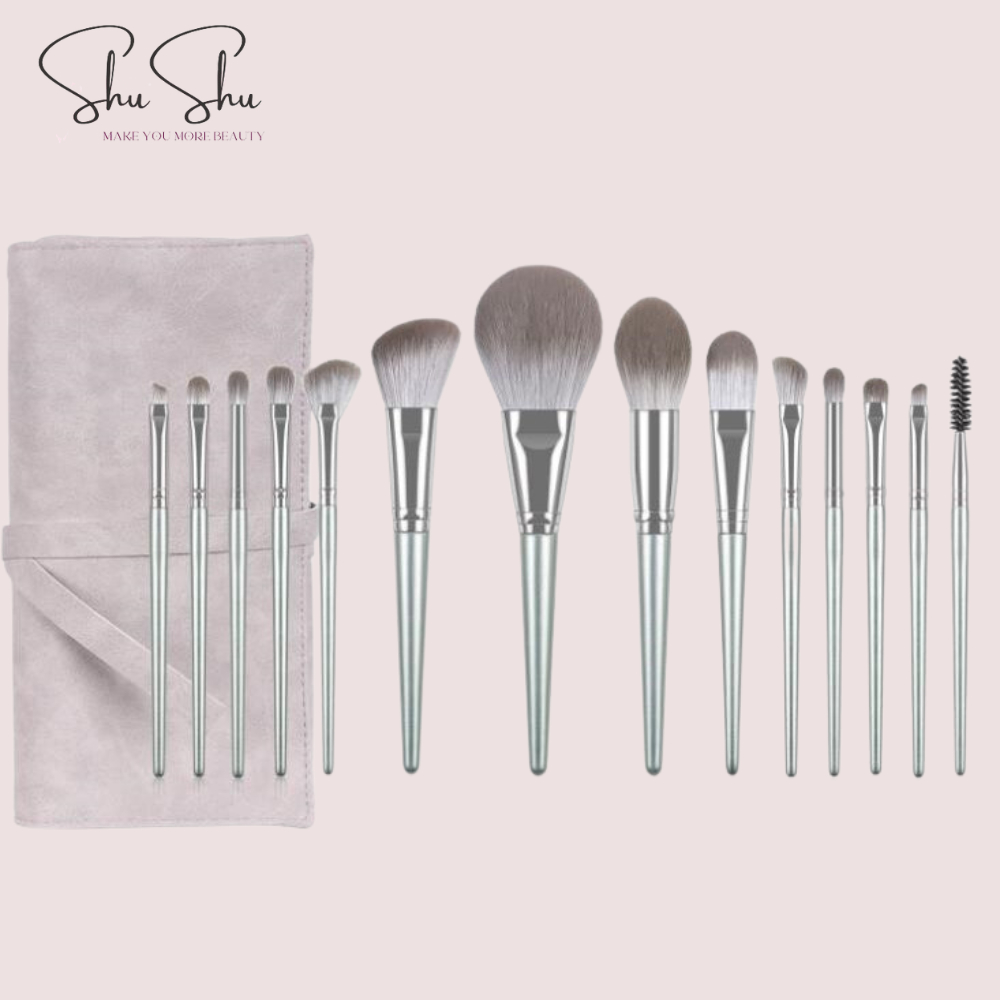 Bộ Cọ Trang Điểm 14 Cây Chuyên Makeup Cá Nhân Kèm Bao Da, Cốc Lông Siêu Mềm SHUSHU COSMETICS