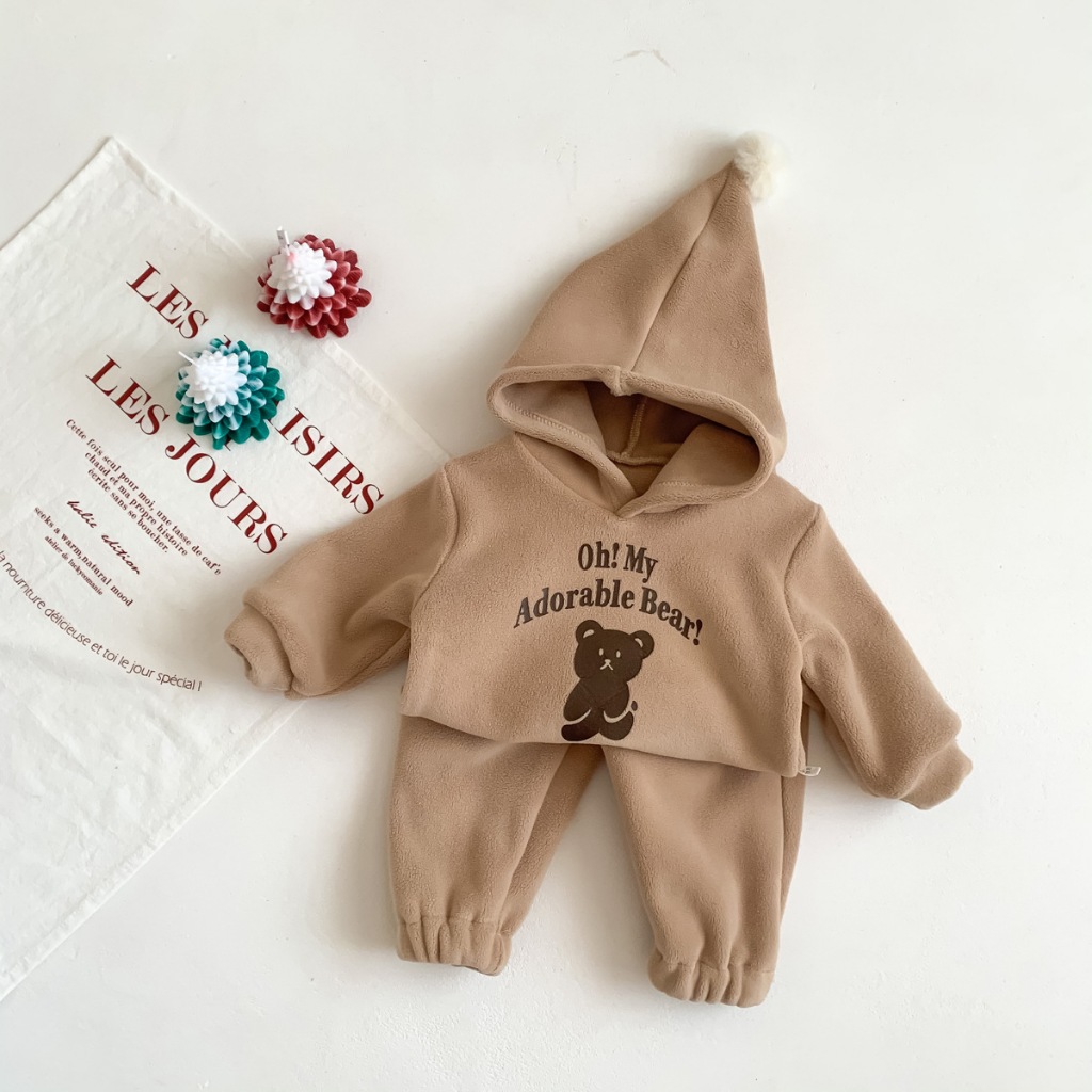 Set Bộ Quần Áo Mùa Thu Đông Cho Bé Trai Bé Gái Chất Liệu Nỉ Nhung Lông 2 Mặt Dày Dặn Hình Gấu Trẻ Em Dễ Thương