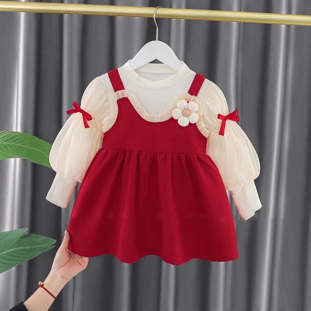 Váy Đầm Trẻ Em Thiết Kế Chất Nhung Kim Tuyến Kèm Áo Giữ Nhiệt Tay Bông Xinh Dễ Thương Cho Bé Gái Mùa Thu Đông