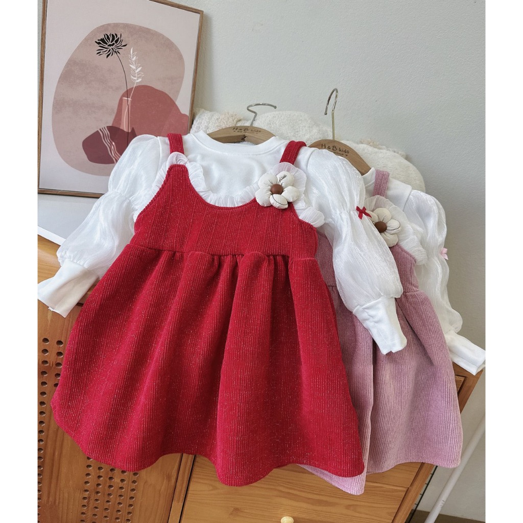 Váy Đầm Trẻ Em Thiết Kế Chất Nhung Kim Tuyến Kèm Áo Giữ Nhiệt Tay Bông Xinh Dễ Thương Cho Bé Gái Mùa Thu Đông