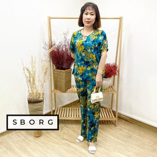 Đồ bộ trung niên SBORG bộ lụa hongkong sang trọng áo cổ tròn tay phồng dún nẹp có túi sâu bigsize 45-65kg quà tặng mẹ