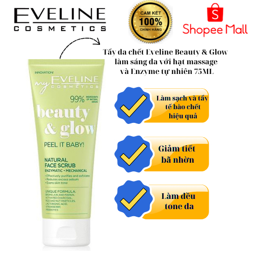 Tẩy da chết Eveline Beauty & Glow làm sáng da với hạt massage và Enzyme tự nhiên 75ML