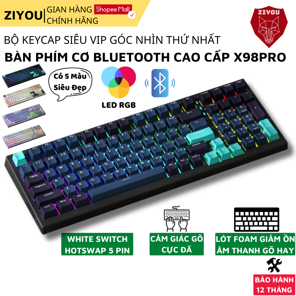 Bàn Phím Cơ Không Dây Bluetooth Ziyou X98PRO Gaming LED Rgb Cấu Trúc Phím Gasket VIP, Hotswap 5 Pin