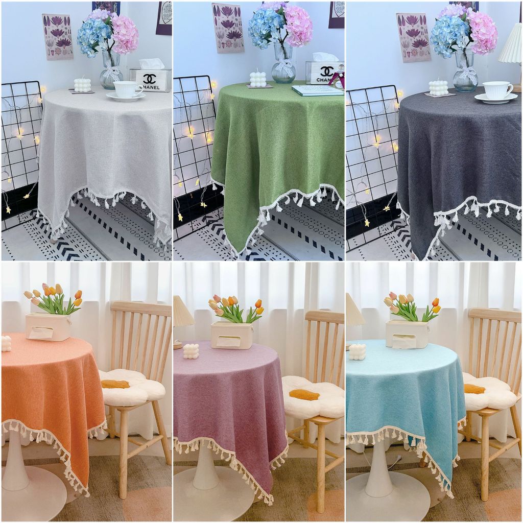 KHĂN TRẢI BÀN viền ren tua rua phong cách HÀN QUỐC. thảm phủ màu pastel hiện đại. vải thô viền ren
