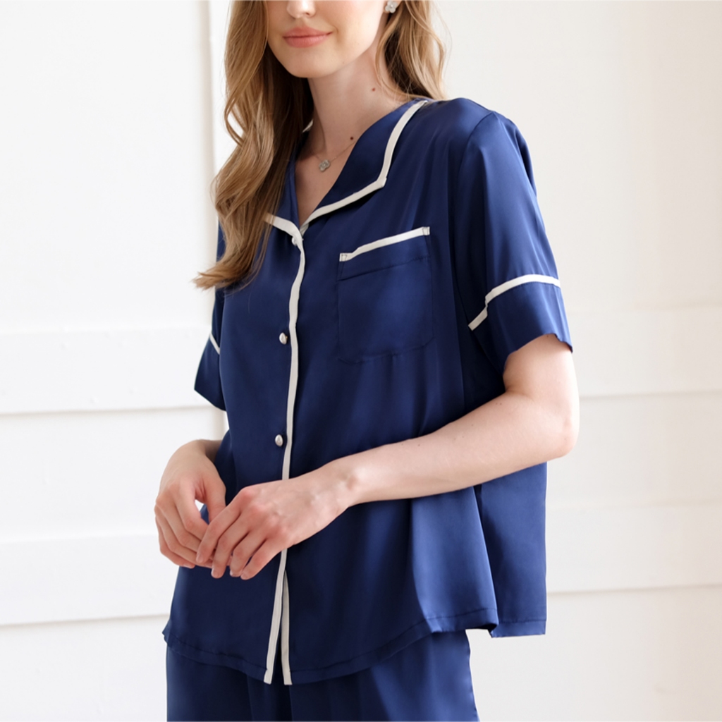 Bộ Pyjamas Mặc Nhà Áo Cộc Quần Cộc Chất Liệu Lụa Màu Xanh Đậm Royal Blue Summer LILAS BLANC