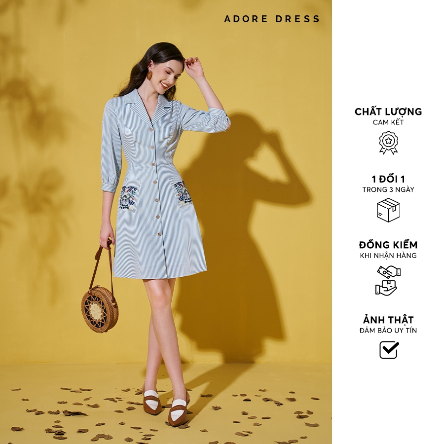 Đầm Mini dresses casual style thô sọc xanh khuy dừa 	 312DR1153 ADORE DRESS