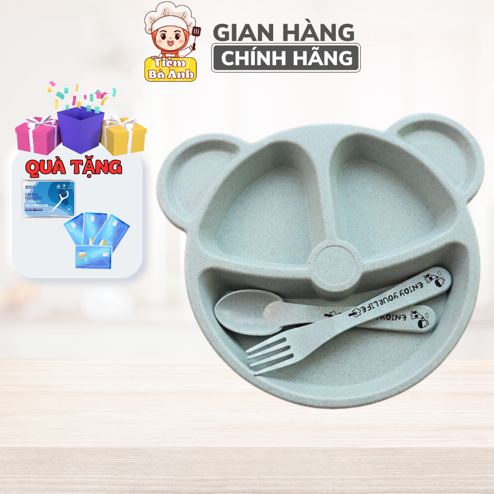 Khay Ăn Dặm Lúa Mạch Hình Gấu Kèm Thìa Dĩa Cho Bé