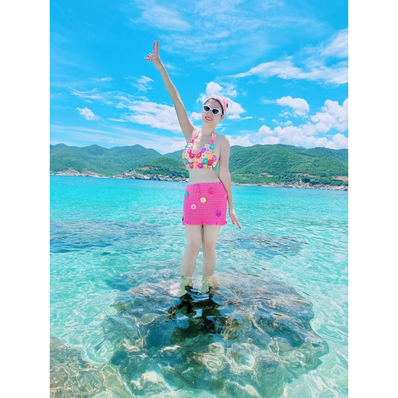 SET BIKINI HOA MÓC LEN XẺ NGỰC SB115 - BIKINI LEN MÓC