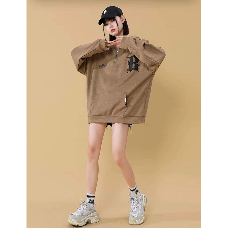 Áo hoodie R thêu phối da . Áo  nỉ bông form rộng tay bồng unisex