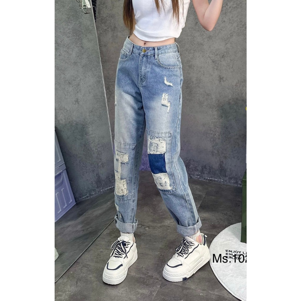 Quần Baggy Jeans Nữ , Quần Bò Nữ Wash Loang Màu Rách Gối Phối Kiểu Phong Cách