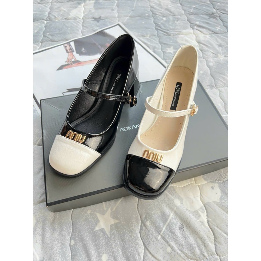 Giày cao gót búp bê LIM Store phối màu chất liệu da mềm gót vuông 4cm có khóa cài điều chỉnh cao cấp