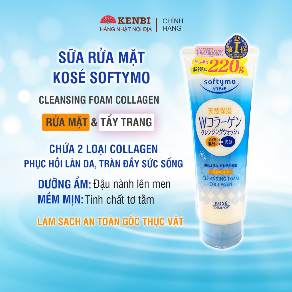 Sữa rửa mặt Kose Softymo Cleansing Foam Collagen, làm sạch, tăng cường collagen giúp da căng mịn, đàn hồi - Tuýp 220g