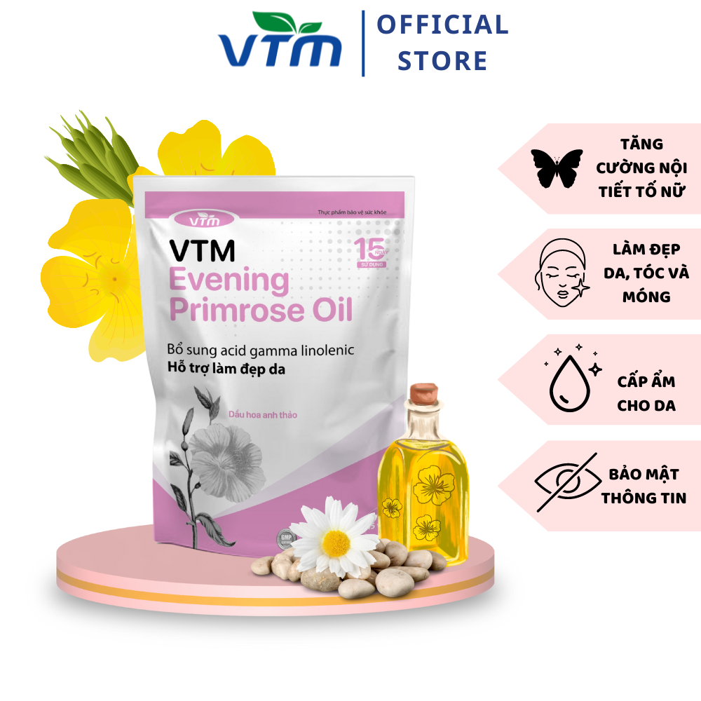 Viên uống tinh dầu hoa anh thảo VTM Evening Primrose Oil, hỗ trợ cân bằng nội tiết tố, làm đẹp da, tóc, móng - 45 viên