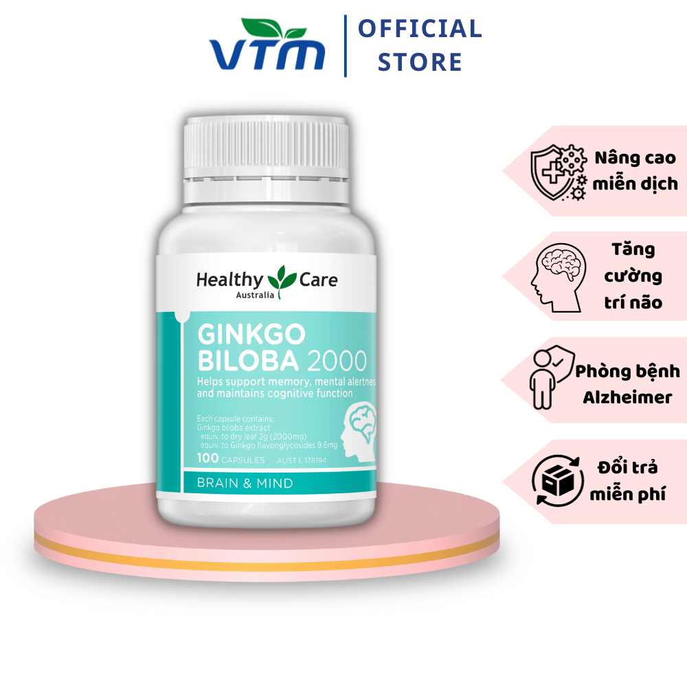 Viên uống bổ não Healthy Care Ginkgo Biloba tăng cường trí nhớ, giảm đau đầu, lưu thông máu não - 100 viên