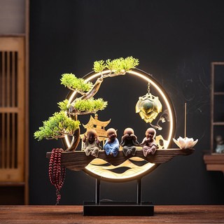 Bộ thác khói trầm hương decor 4 chú tiểu đèn led trang trí phòng khách bàn làm việc làm quà tặng tân gia