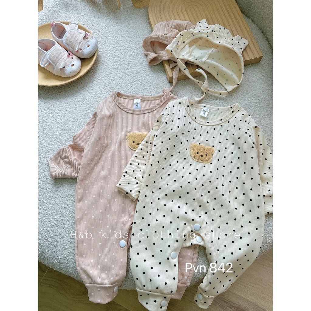 Set body chấm bi kèm mũ xinh cho bé. Body gấu chấm bi kèm mũ đáng yêu cho bé trai bé gái