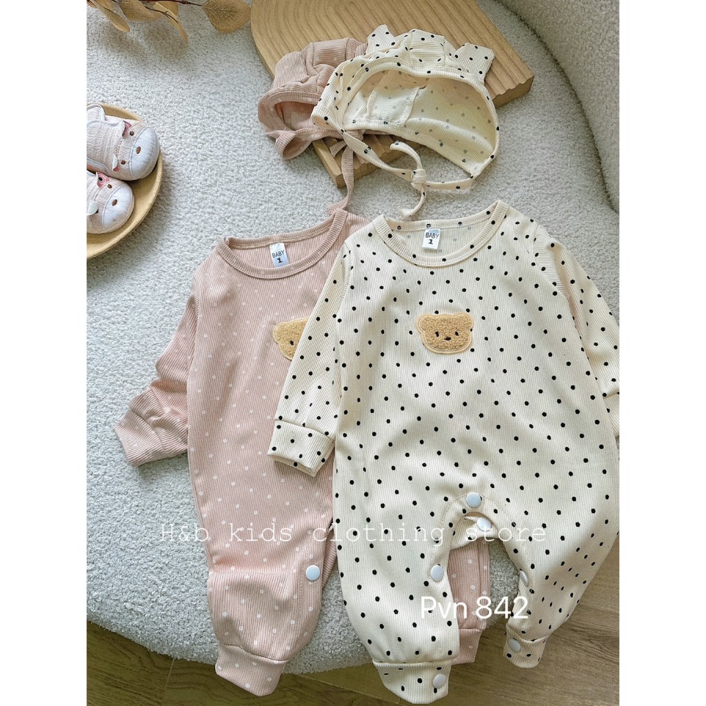 Set body chấm bi kèm mũ xinh cho bé. Body gấu chấm bi kèm mũ đáng yêu cho bé trai bé gái