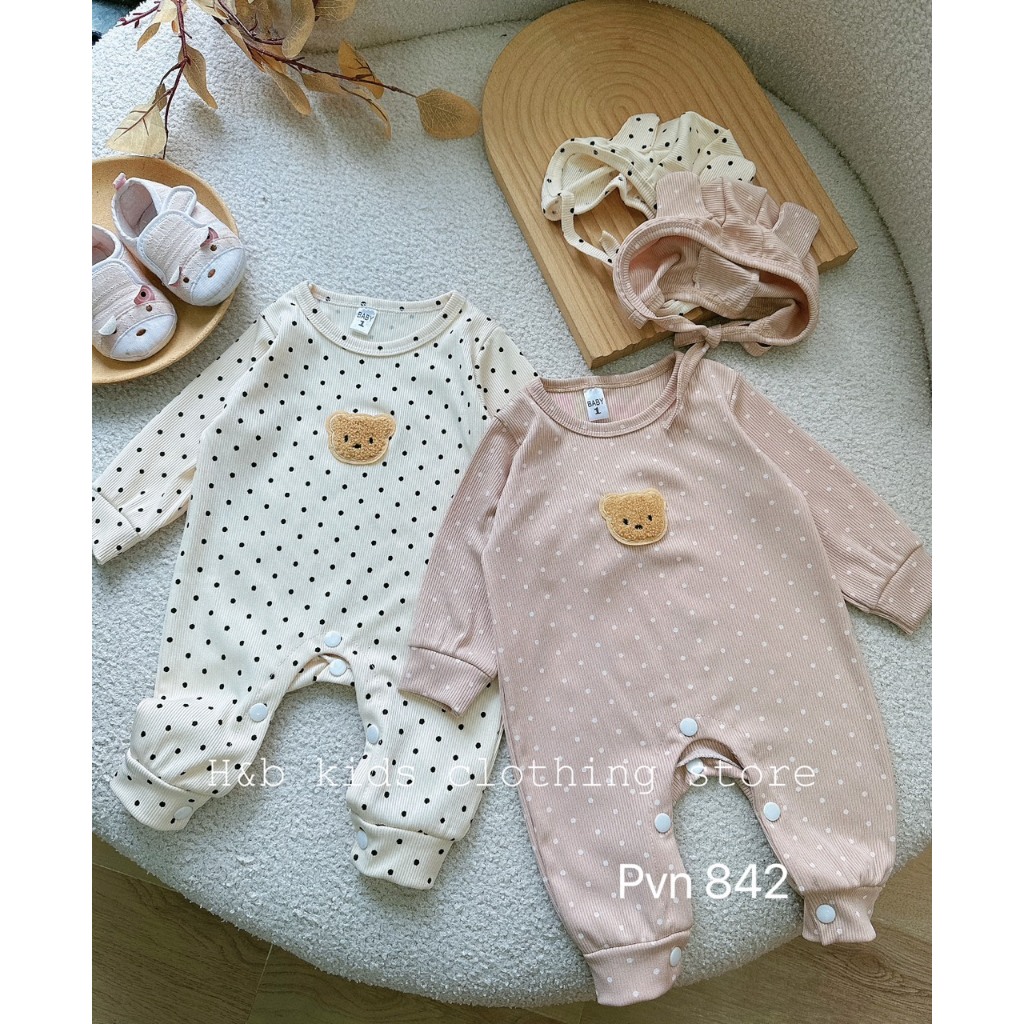 Set body chấm bi kèm mũ xinh cho bé. Body gấu chấm bi kèm mũ đáng yêu cho bé trai bé gái