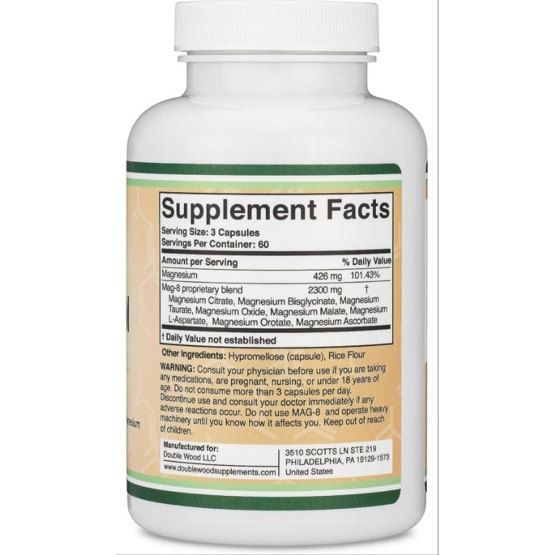 Mag-8 Magnesium Complex 2300mg Phức Hợp 8 Loại Magie, Bisglycinate, Ngủ Ngon, Tăng Cơ, Malate, L-Aspartate, Double Wood
