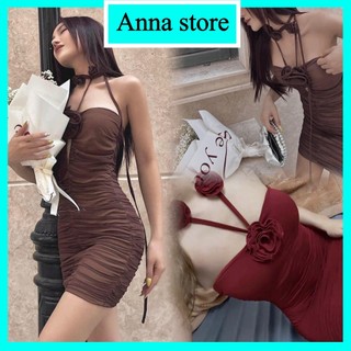 đầm body dáng dài đính hoa hồng dây tua có mút ngực chất thun lạnh dẻo M1116