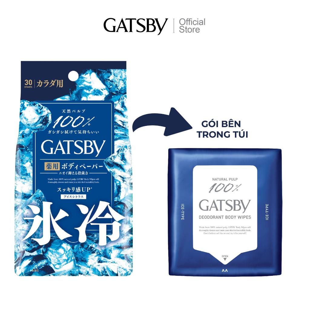 Khăn khử mùi cơ thể mát lạnh GATSBY Ice-Type Deodorant Body Wipes Ice Citrus U 30 tờ/gói
