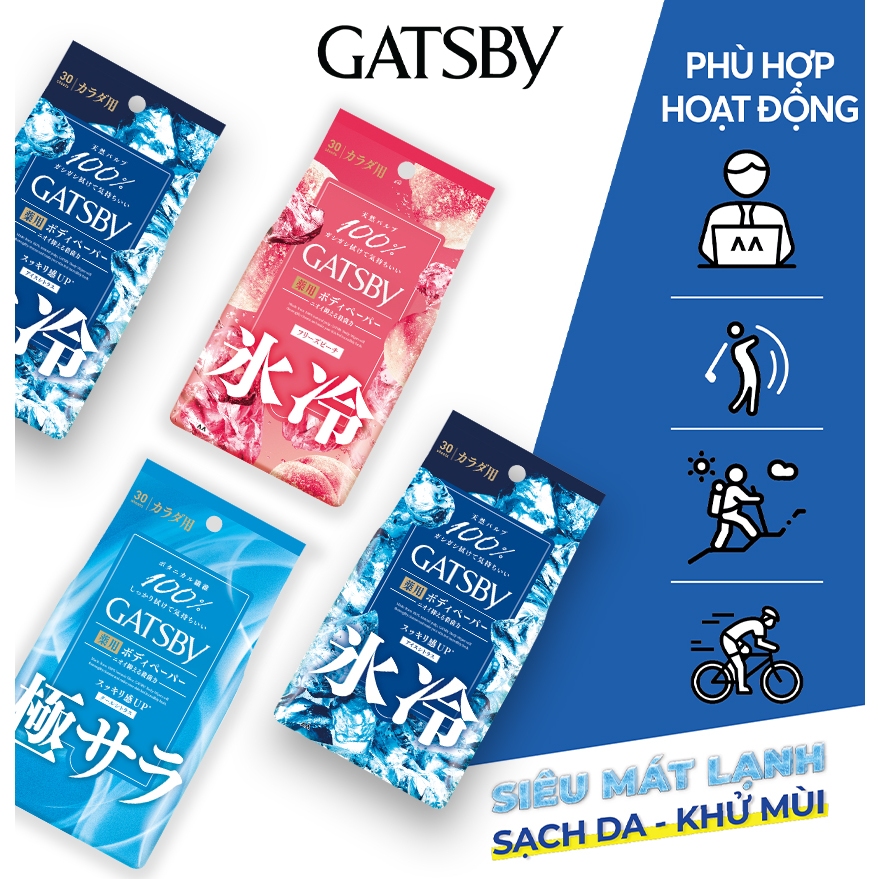 Khăn khử mùi cơ thể mát lạnh GATSBY Ice-Type Deodorant Body Wipes Ice Citrus U 30 tờ/gói