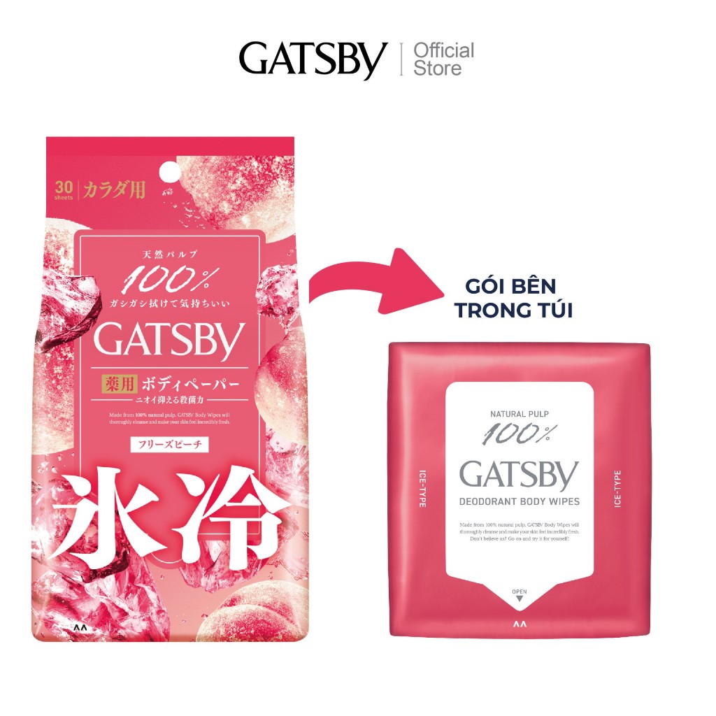 Khăn khử mùi cơ thể GATSBY ice-type deodorant body wipes freeze peach u Siêu Mát Lạnh Hương Đào 30 tờ