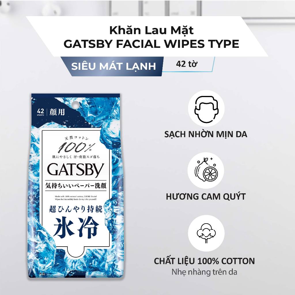 Khăn Lau Mặt GATSBY FACIAL WIPES ICE TYPE S 100% Cotton Sạch Da Siêu Mát Lạnh 42 tờ