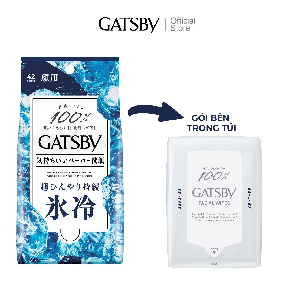 Khăn Lau Mặt GATSBY FACIAL WIPES ICE TYPE S 100% Cotton Sạch Da Siêu Mát Lạnh 42 tờ