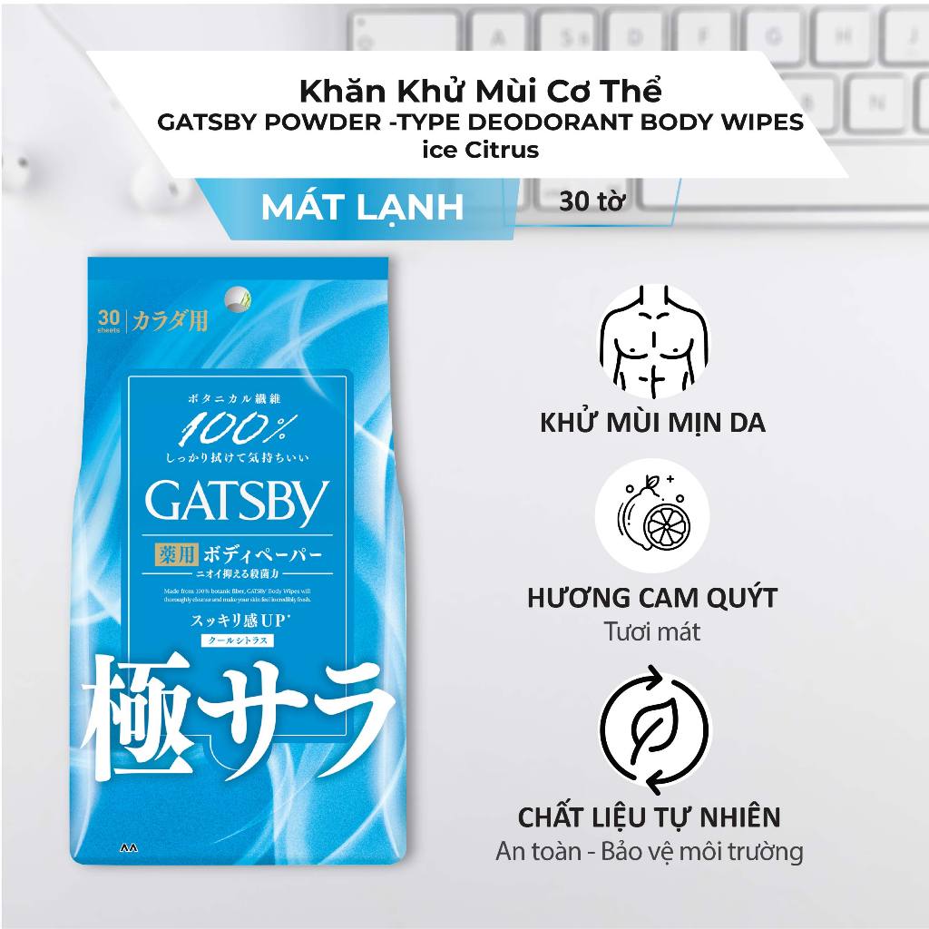 Khăn khử mùi cơ thể GATSBY power-type deodorant body wipes cool citrus Z Mát Lạnh Mịn Da 30 tờ