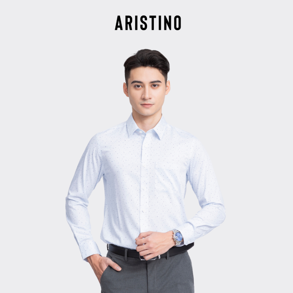 Áo sơ mi nam dài tay Aristino phom dáng Regular Fit, màu trắng in chấm xanh thời thượng, lịch lãm - ALS02903