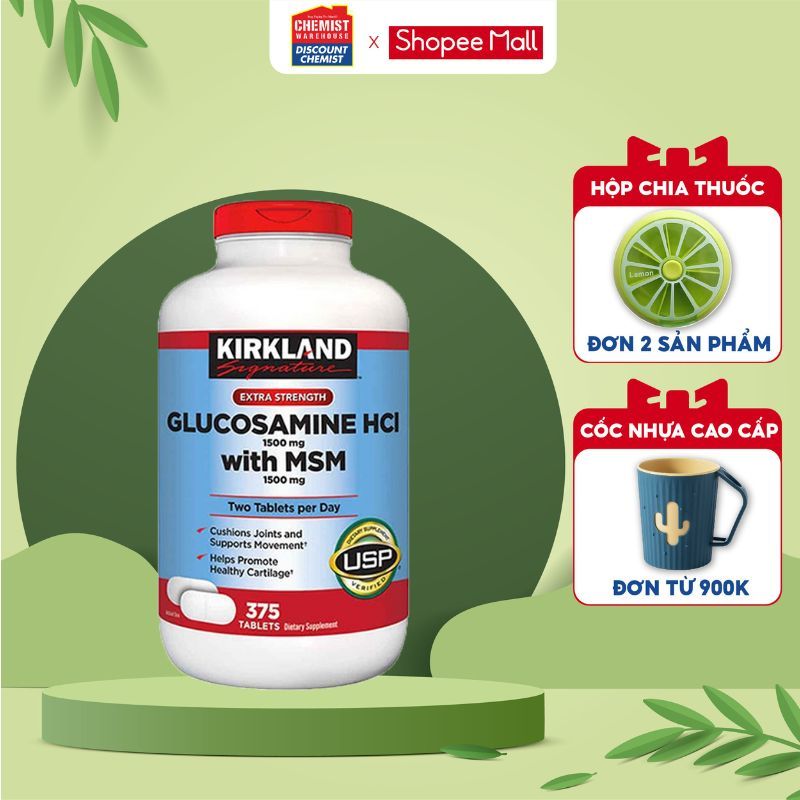 Viên uống bổ xương Kirkland Signature Glucosamine HCL 1500mg With MSM hỗ trợ chức năng xương khớp 375 viên của Mỹ