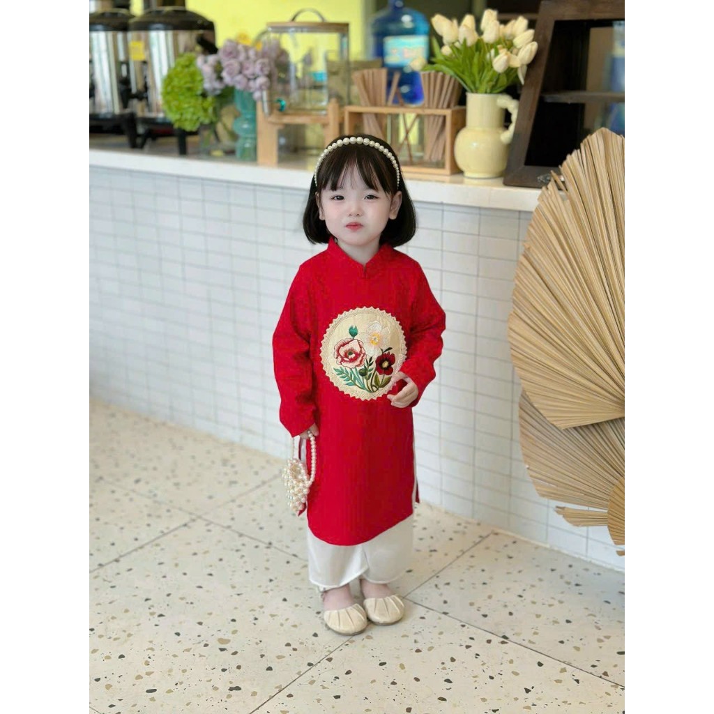 Áo dài bé gái 🔥SALE SỐC🔥 chất liệu linen mềm mại thiết kế cổ tàu tay dài thêu hình lớn - Áo Dài Cho Bé Baby Store- ADB21