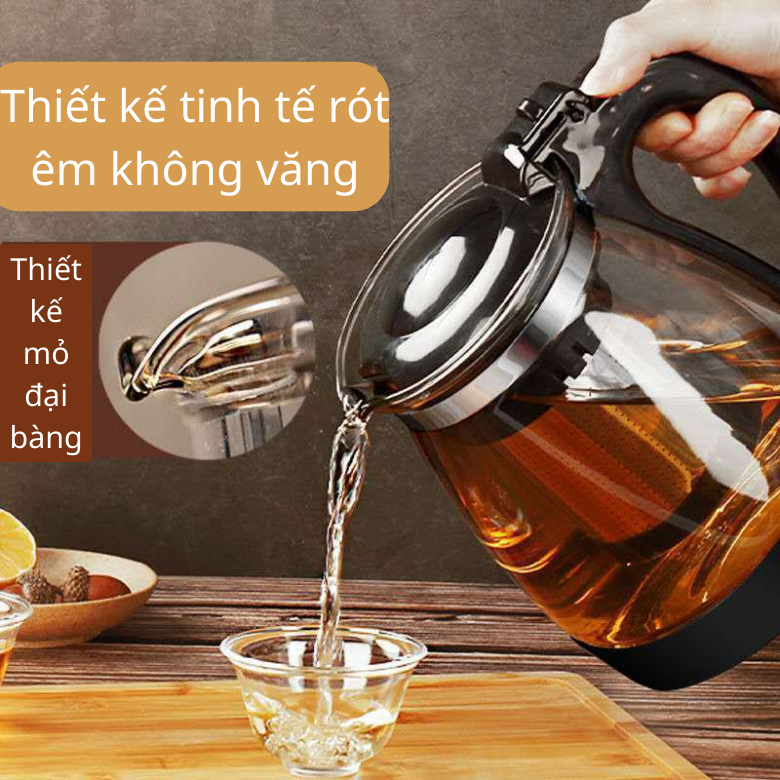 Bình pha trà thuỷ tinh có lõi lọc dung tích 1500ml , bình nước thủy tinh có lõi lọc trà inox nắp đậy và quai cầm chống n