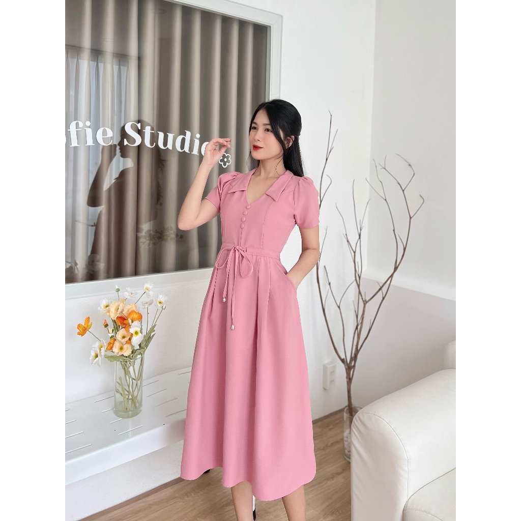 Đầm cổ bẻ xếp li phá cách D099 - Lady Fashion