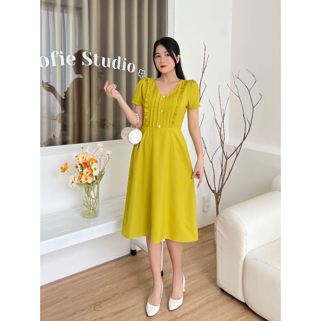 Đầm cổ V xếp ly sang trọng D100 - Lady Fashion
