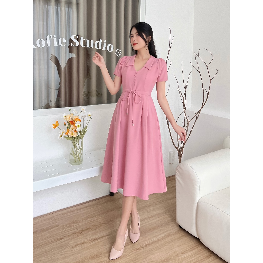 Đầm cổ bẻ xếp li phá cách D099 - Lady Fashion