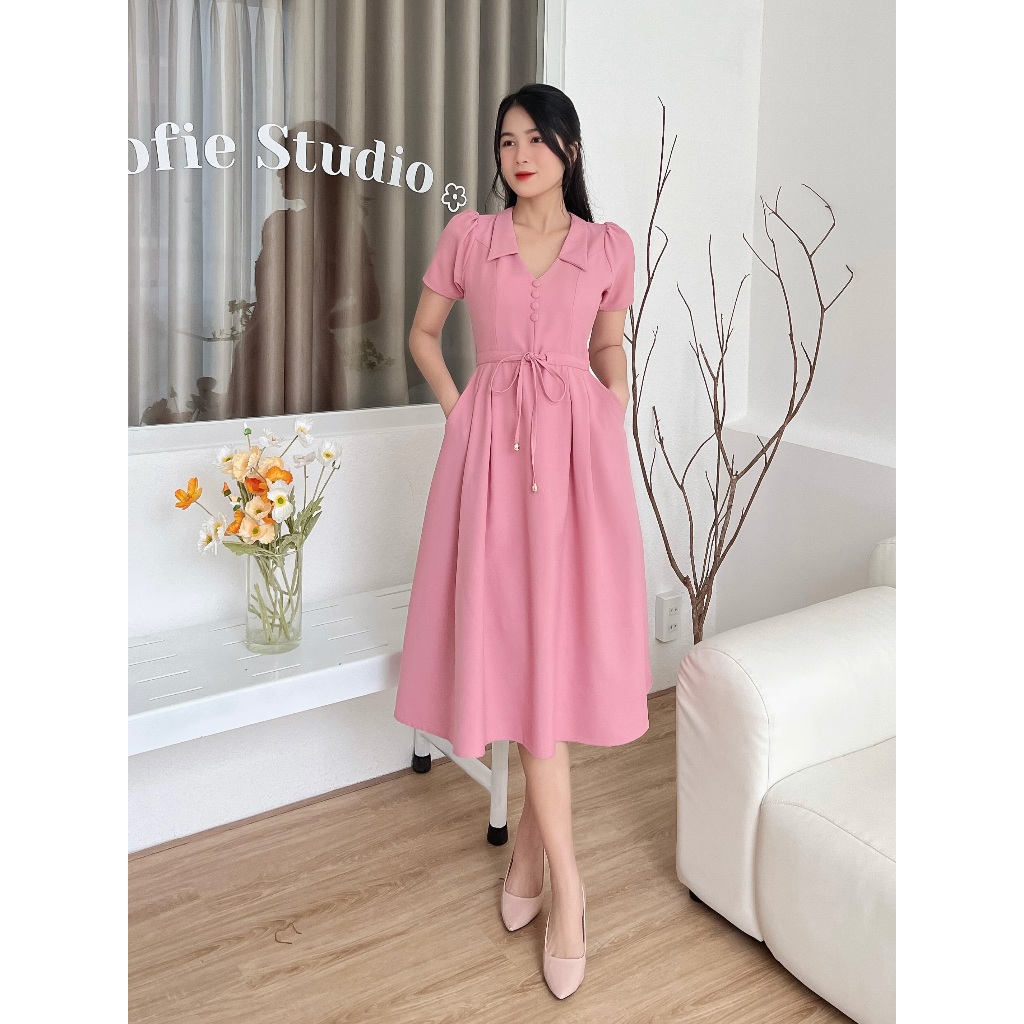 Đầm cổ bẻ xếp li phá cách D099 - Lady Fashion