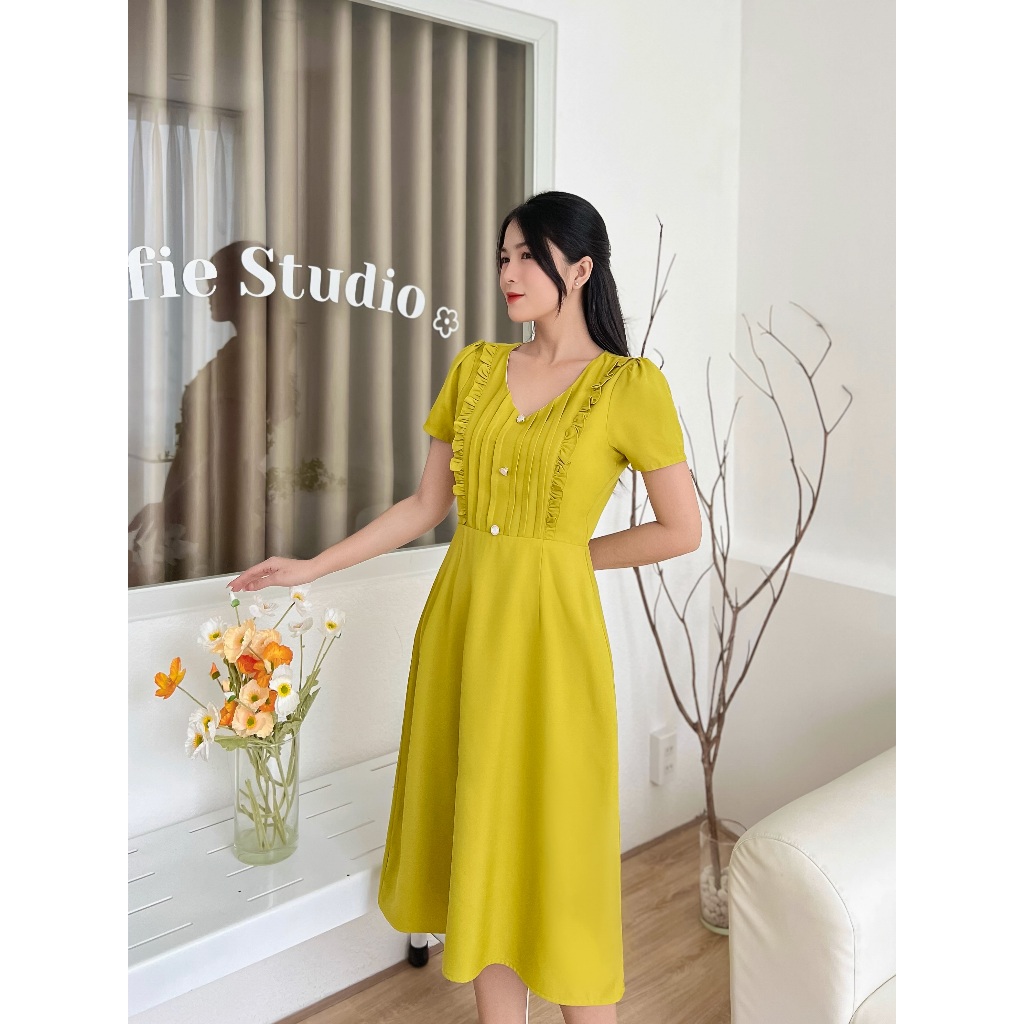 Đầm cổ V xếp ly sang trọng D100 - Lady Fashion