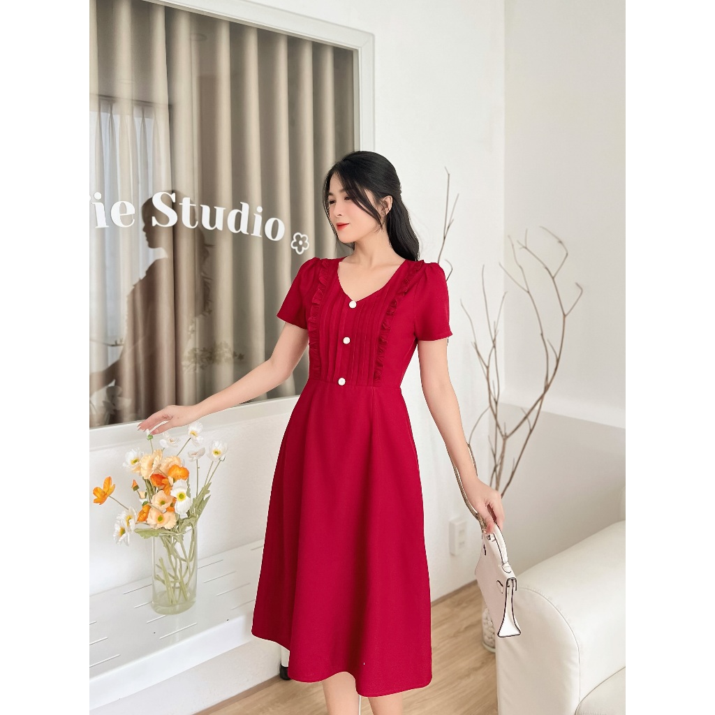 Đầm cổ V xếp ly sang trọng D100 - Lady Fashion