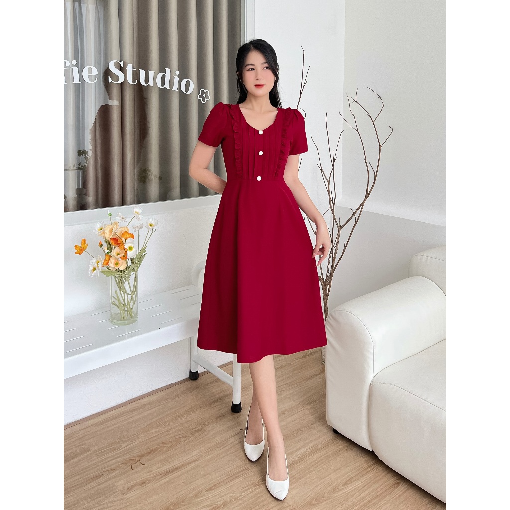 Đầm cổ V xếp ly sang trọng D100 - Lady Fashion