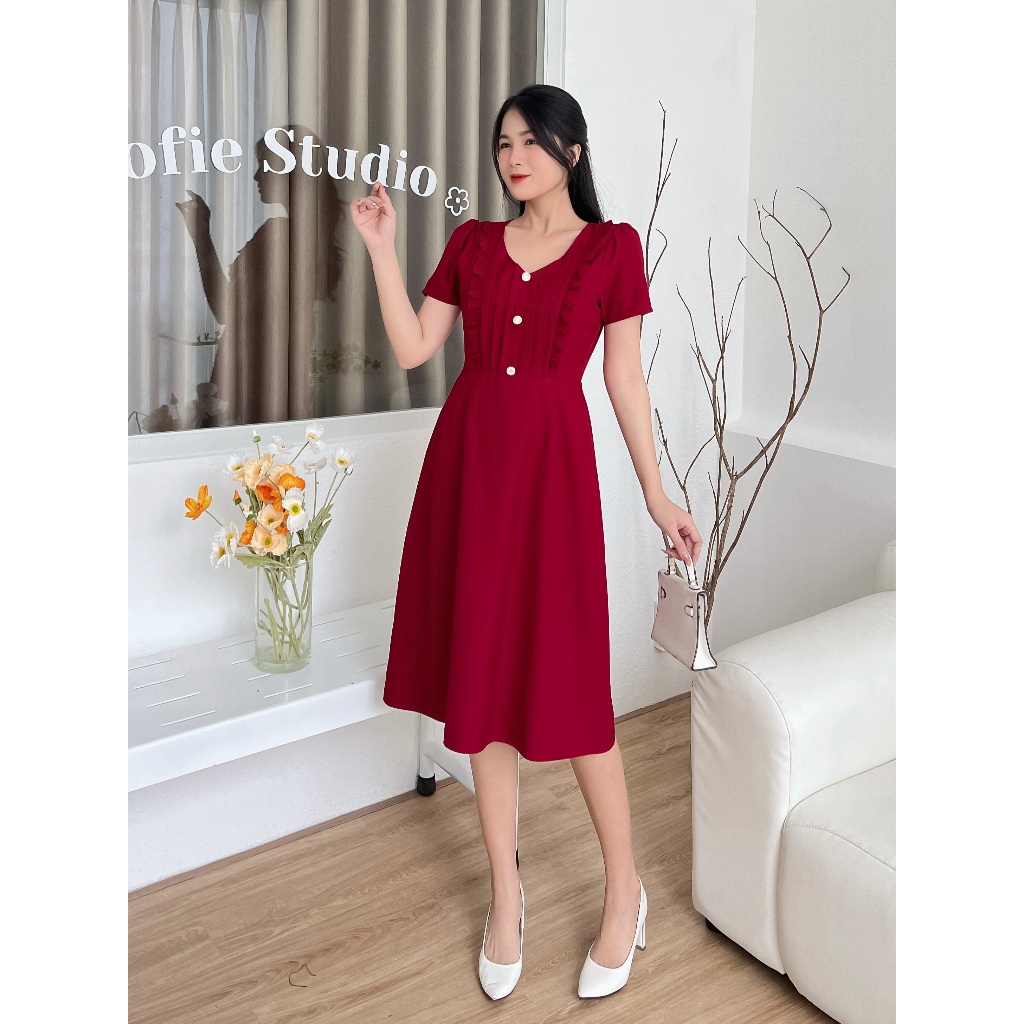 Đầm cổ V xếp ly sang trọng D100 - Lady Fashion